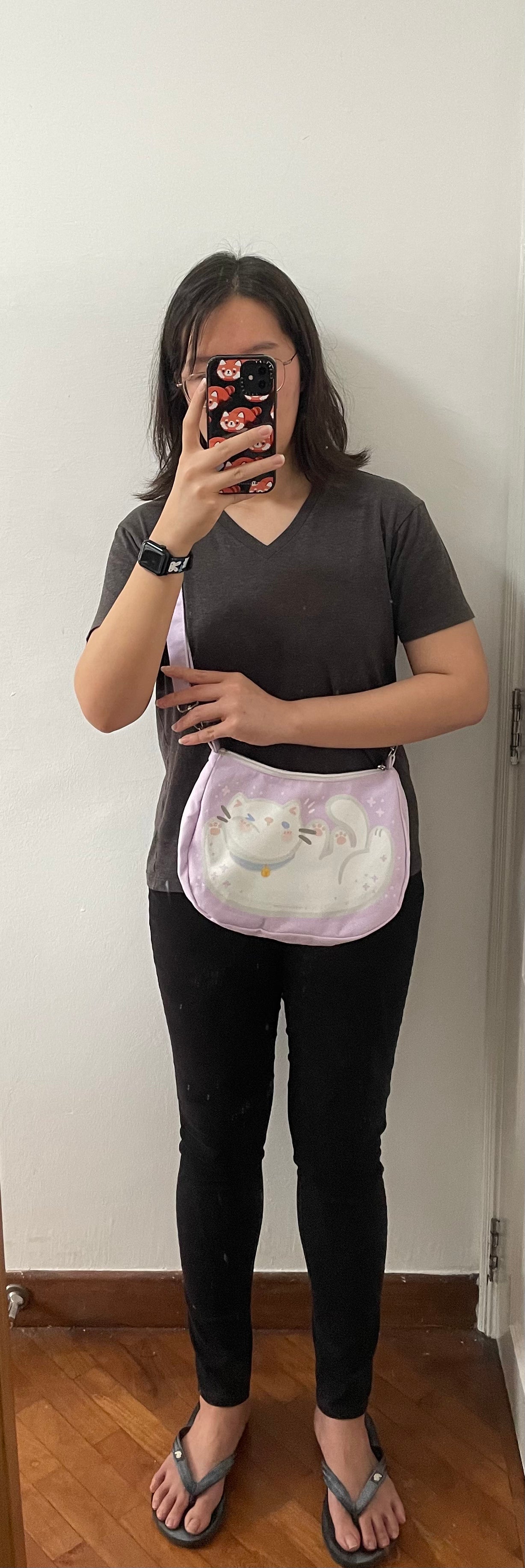 Winking Cat Zipped Sling Bag (Charcoal)