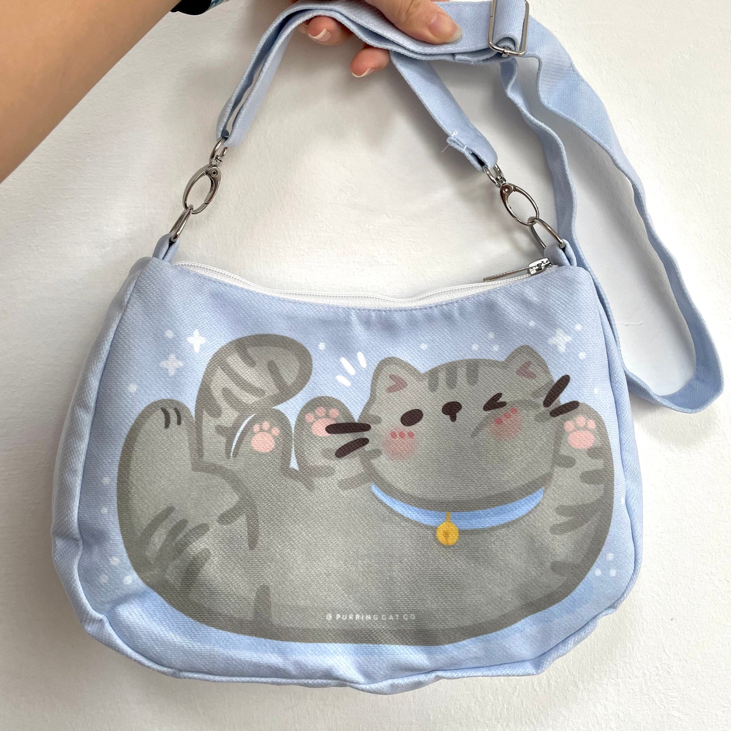 Winking Cat Zipped Sling Bag (Light Blue)